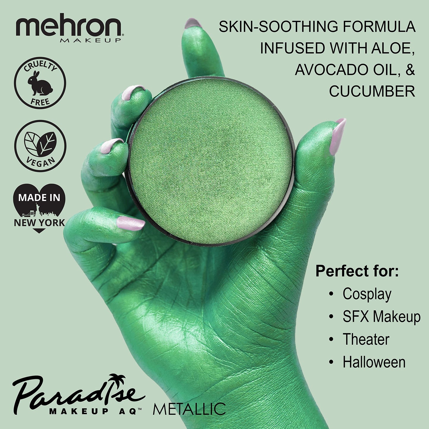 Mehron Paradise FX Metallics - Metallic Green 1.4 oz | Professional Water Activated Shimmering Metallic Paint for Raves, Costumes, Special Effects