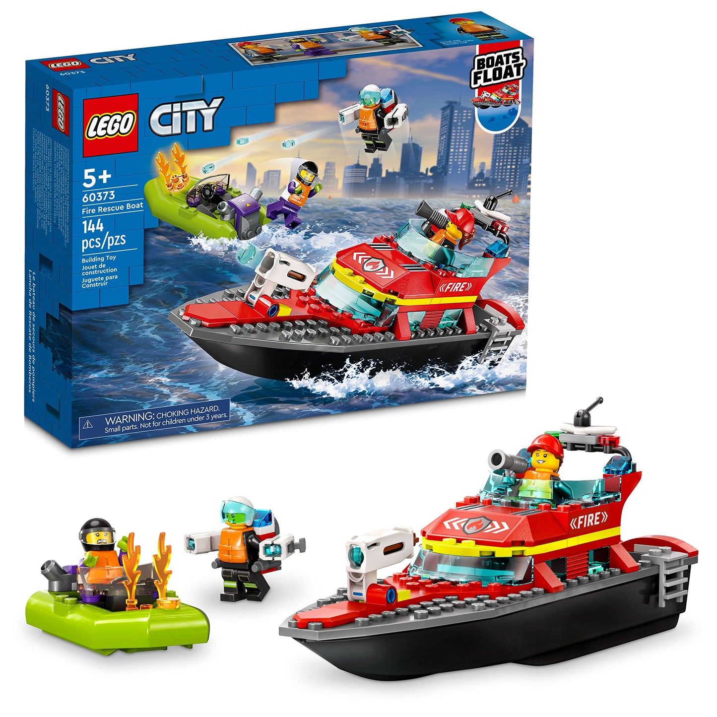 LEGO City Fire Rescue Boat 60373, Floatable Boat Building Toy for Kids Ages 5+, Pretend Play Firefighter Set, Birthday Gift Idea