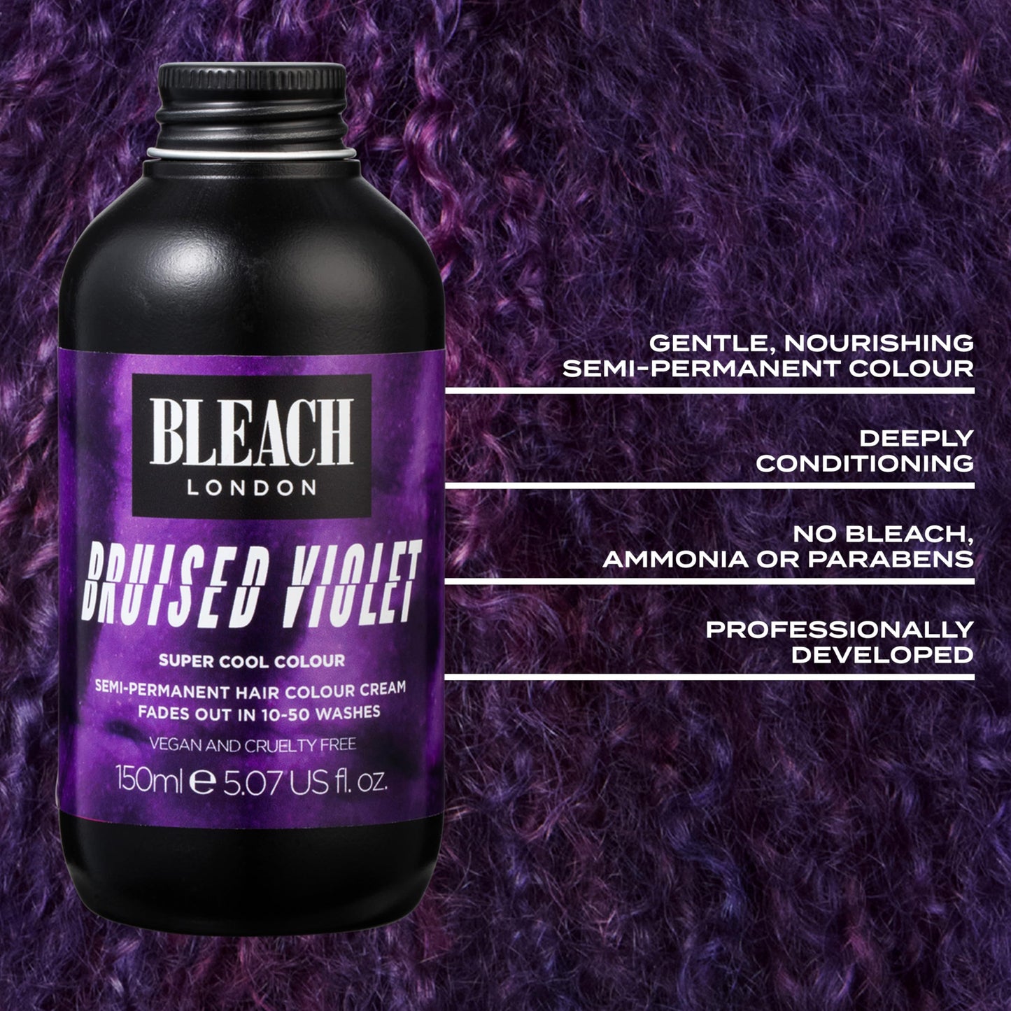 Bleach London Bruised Violet Super Cool Colour - Deep Purple Hair Dye - Vegan & PETA-Approved Semi-Permanent Direct Dye - 150 ml