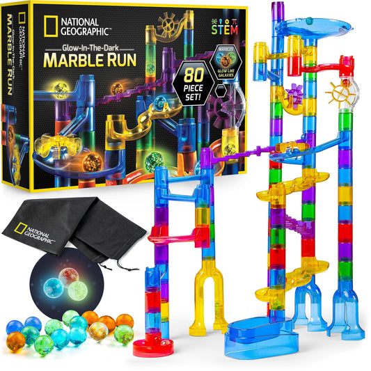 NATIONAL GEOGRAPHIC Glowing Marble Run Set – 15 Glow-in-the-Dark Glass Marbles, Storage Bag & STEM Building Toy for Kids (Amazon Exclusive)