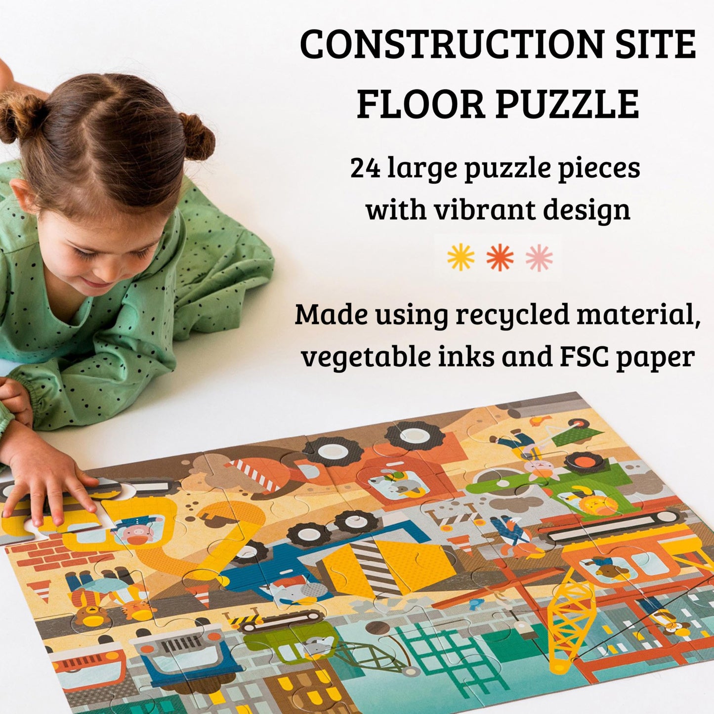 Petit Collage Floor Puzzle Construction Site 24 Pieces | Large Puzzle for Kids | Completed Puzzle 18" x 24" | Great Gift for Kids 3+