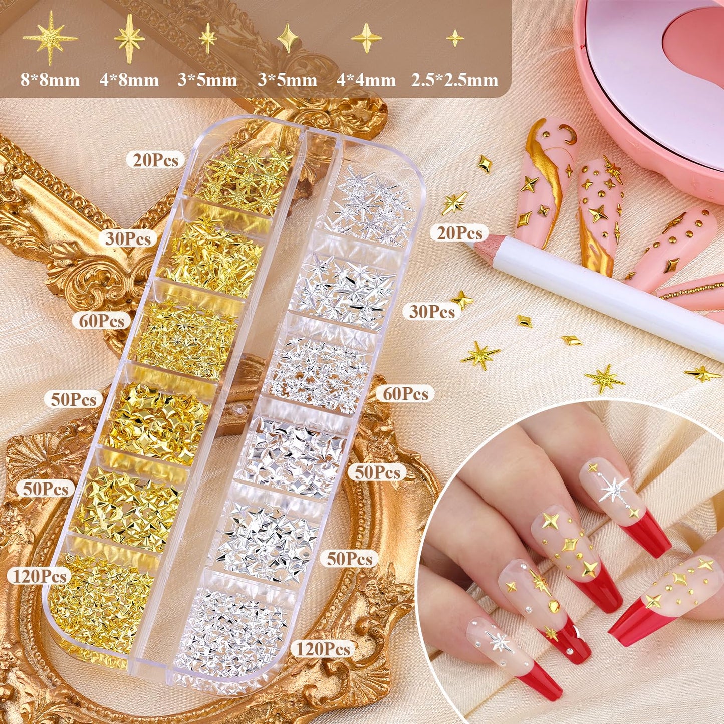 660Pcs 3D Star Nail Charms, Gold & Silver Multi-Shapes Metallic Nail Art Gems,Bedazzling Small Nail Beads Craft Jewels Y2K Cross Nail Rhinestones Beauty and Personal Care BELLEBOOST
