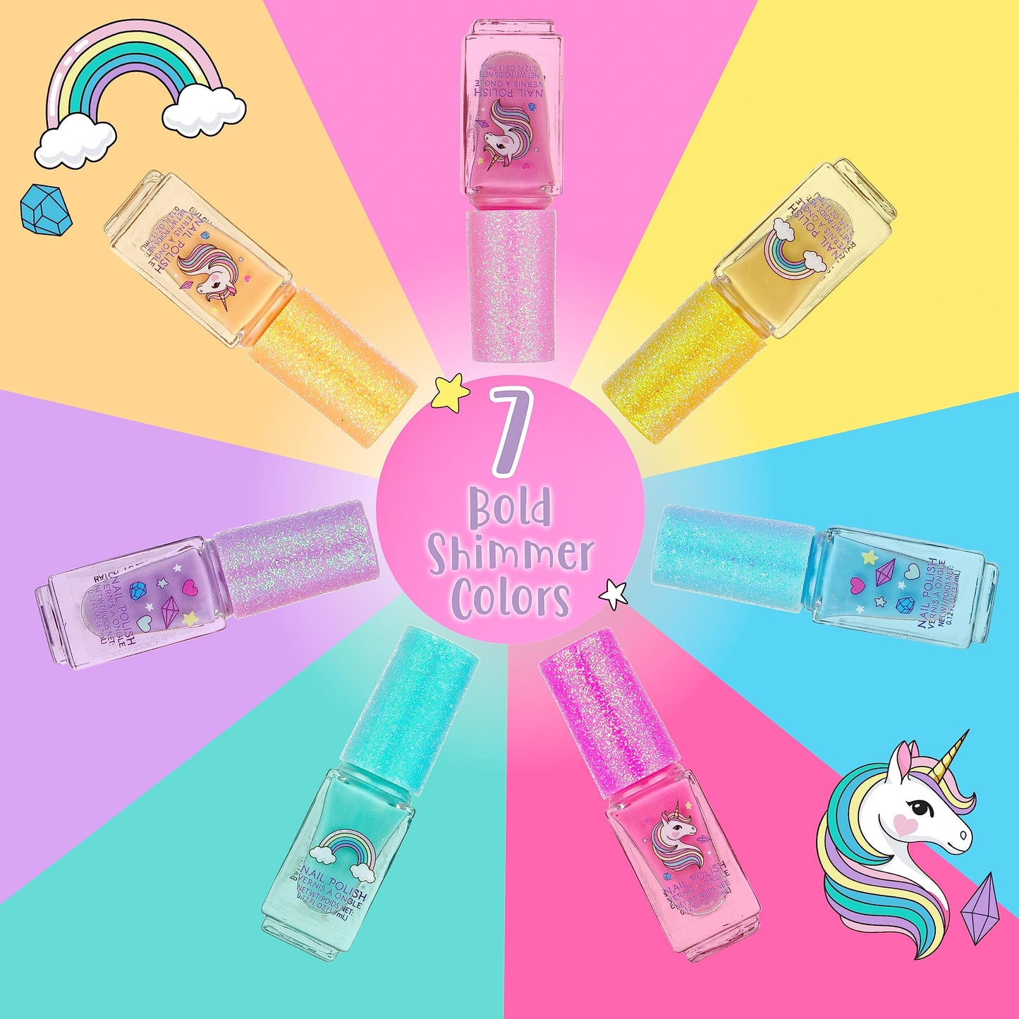 7pc Unicorn Shimmer Nail Polish Set for Girls - Glitter Cap, Non-Toxic Quick Dry Manicure & Pedicure Kit, Vibrant Assorted Shades