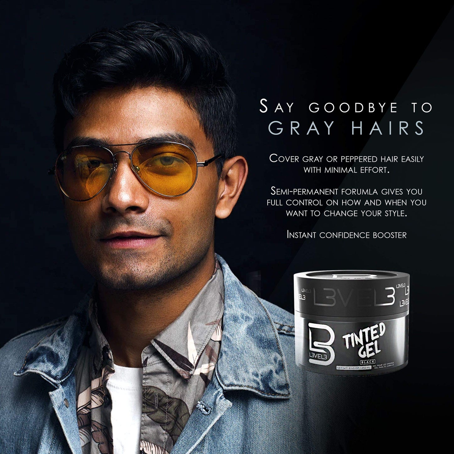 L3 Level 3 Black Tinted Hair Gel - Cover Grays Instantly & Style with Strong Hold - Temporary Color - Adds Volume, Texture & Shine - Flake-Free