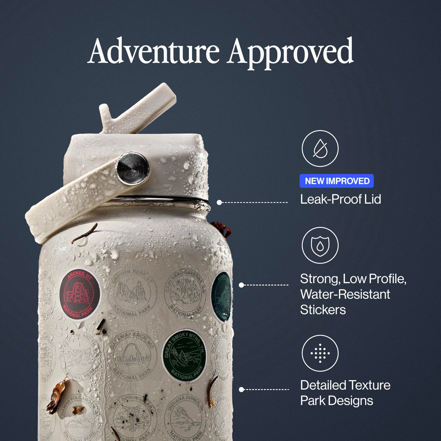 National Parks Water Bottle with Stickers Kit, Adventure Flask with Straw, Waterproof Stickers for Water Bottle, Insulated Stainless Steel 32oz (Tan)