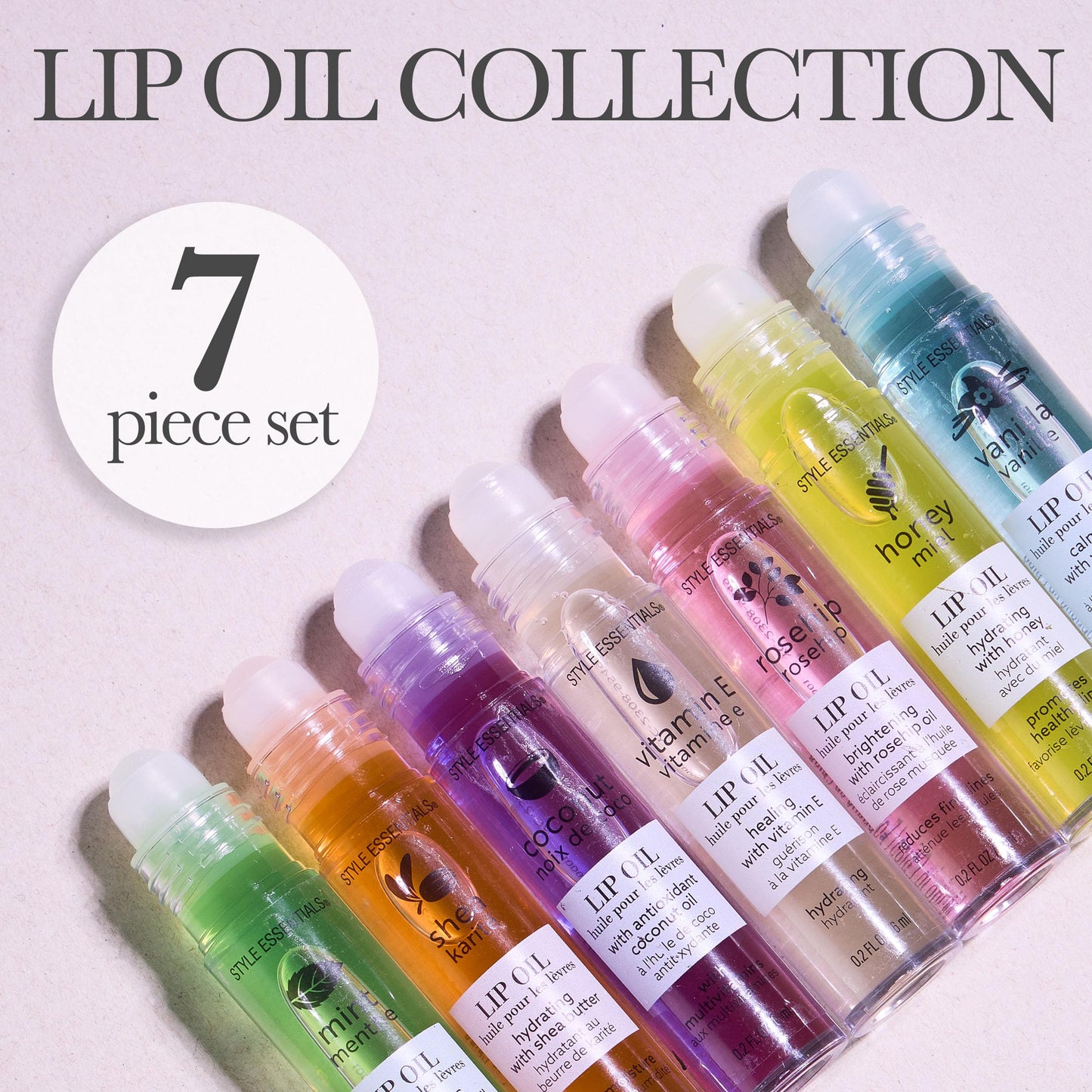 EXPRESSIONS 7pc Lip Oil Collection with Essential Oils - Hydrating Roll On Lip Oils Infused w/Natural Healing Essential Oils - Rollerball Lip Oils