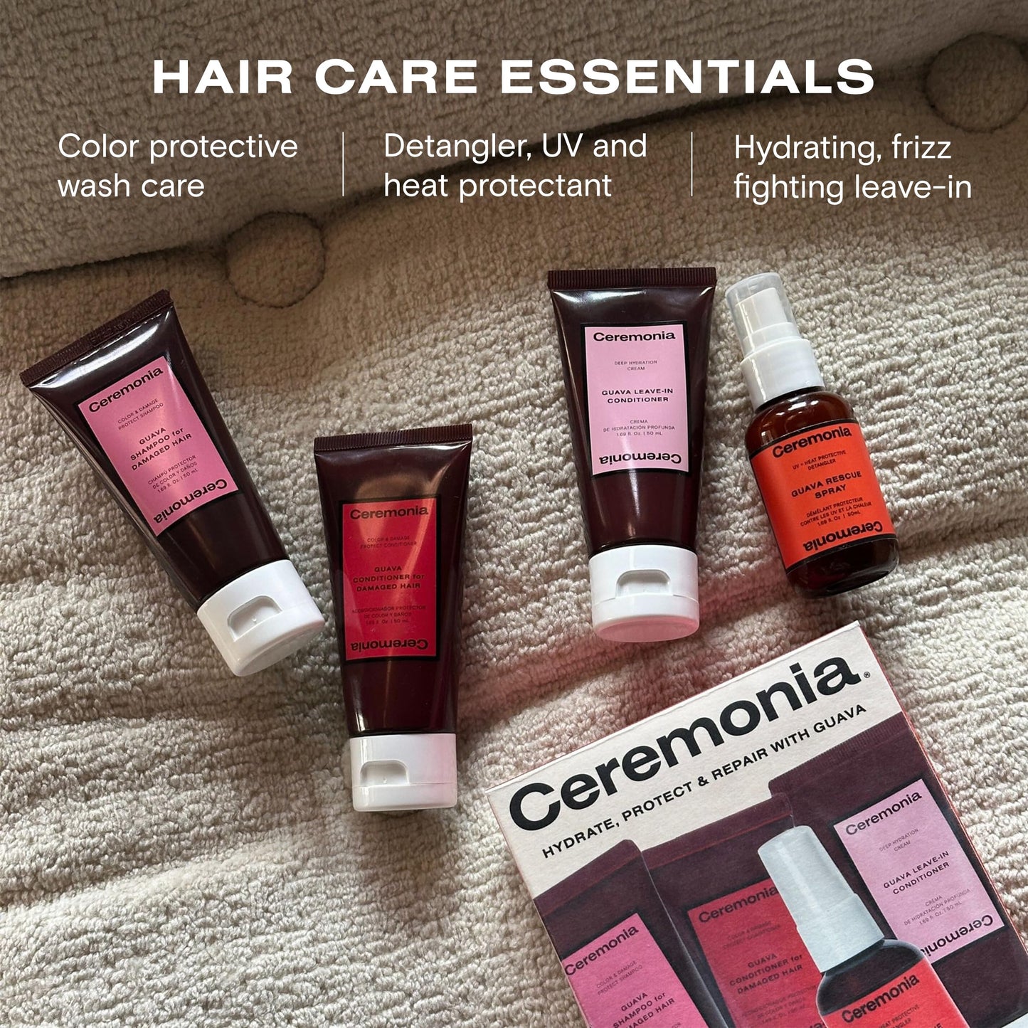 Ceremonia Guava Travel On-the-Go Kit | 4 Piece Hair Care Set to Repair Split Ends & Reduce Frizz | Includes Shampoo, Conditioner, Leave-In