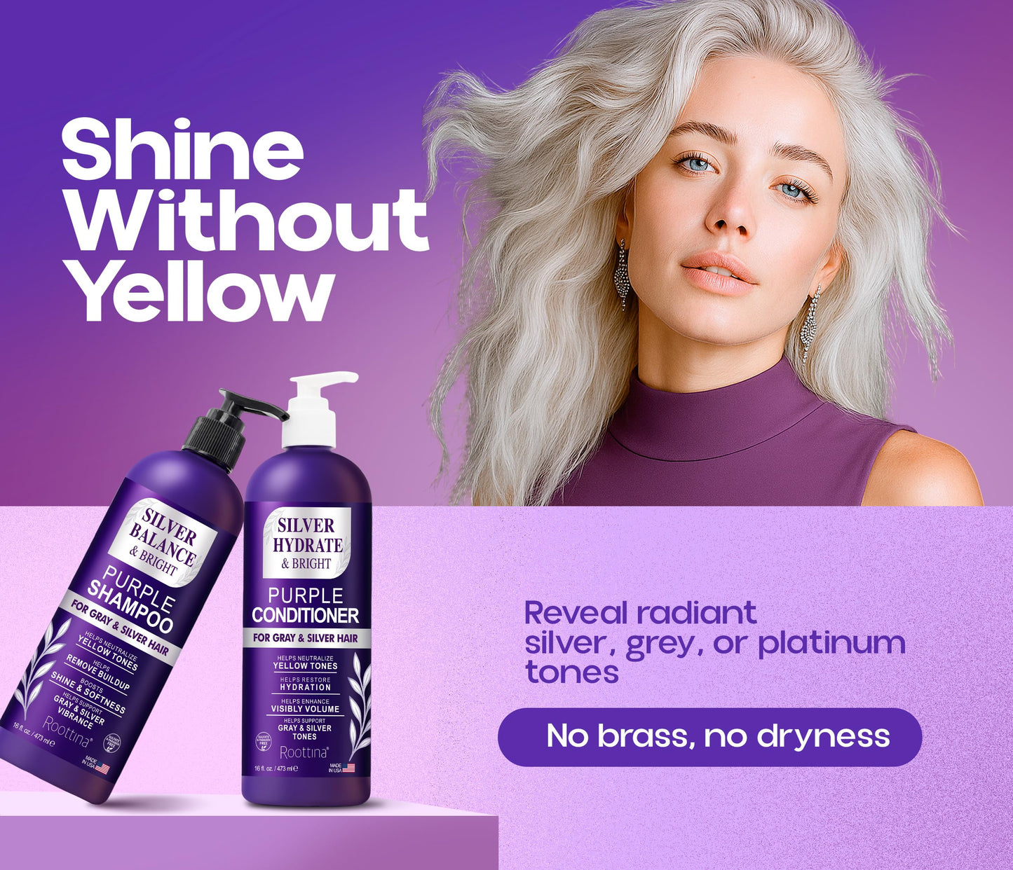 ROOTTINA Sulfate Free Brass Toning Purple Shampoo and Conditioner Set for Grey and Silver Hair, Moisturizing & Color-Safe, Enhances Shine