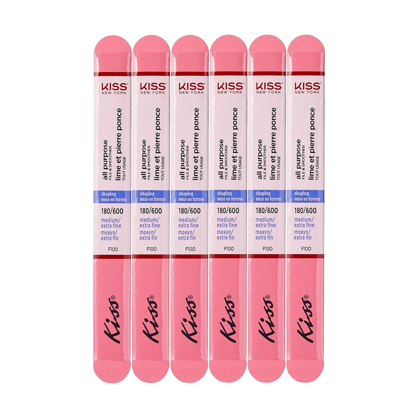 Kiss File All Purpose & Smoother 180 Medium / 600 Extra Fine F100N - Pack of 6 Files & Smooths Natural and Artificial Nails