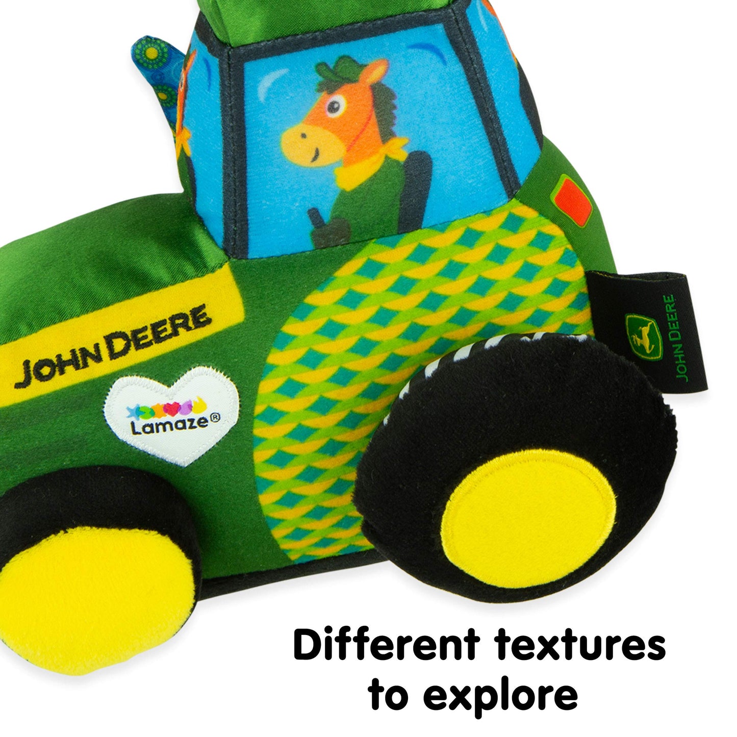 Lamaze John Deere Tractor Car Seat and Stroller Toy - Soft Hanging Toy With High Contrast Colors for Travel - Baby Crinkle Toy Ages 0 Months and Up