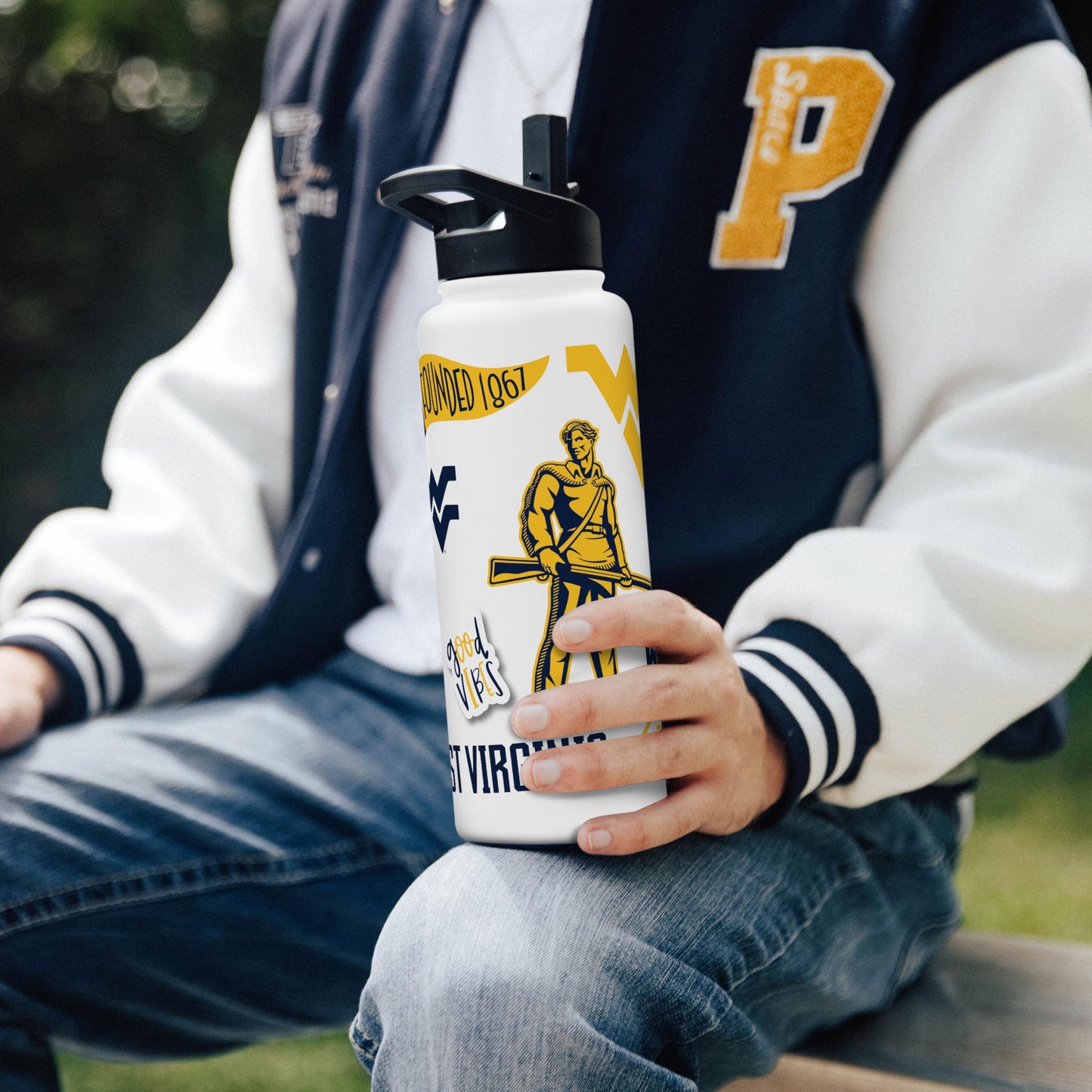 Logo Brands NCAA West Virginia Mountaineers 34oz Native Quencher Bottle - Double-Wall Insulated, Stainless Steel, No-Spill Lid, Easy Carry Handle