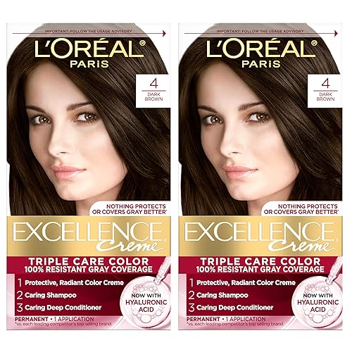L'Oreal Paris Excellence Crème Permanent Hair Dye, Triple Care Hair Color with Hyaluronic Acid for 100% Gray Coverage, 4 Dark Brown, 1 Kit (Pack of 2)