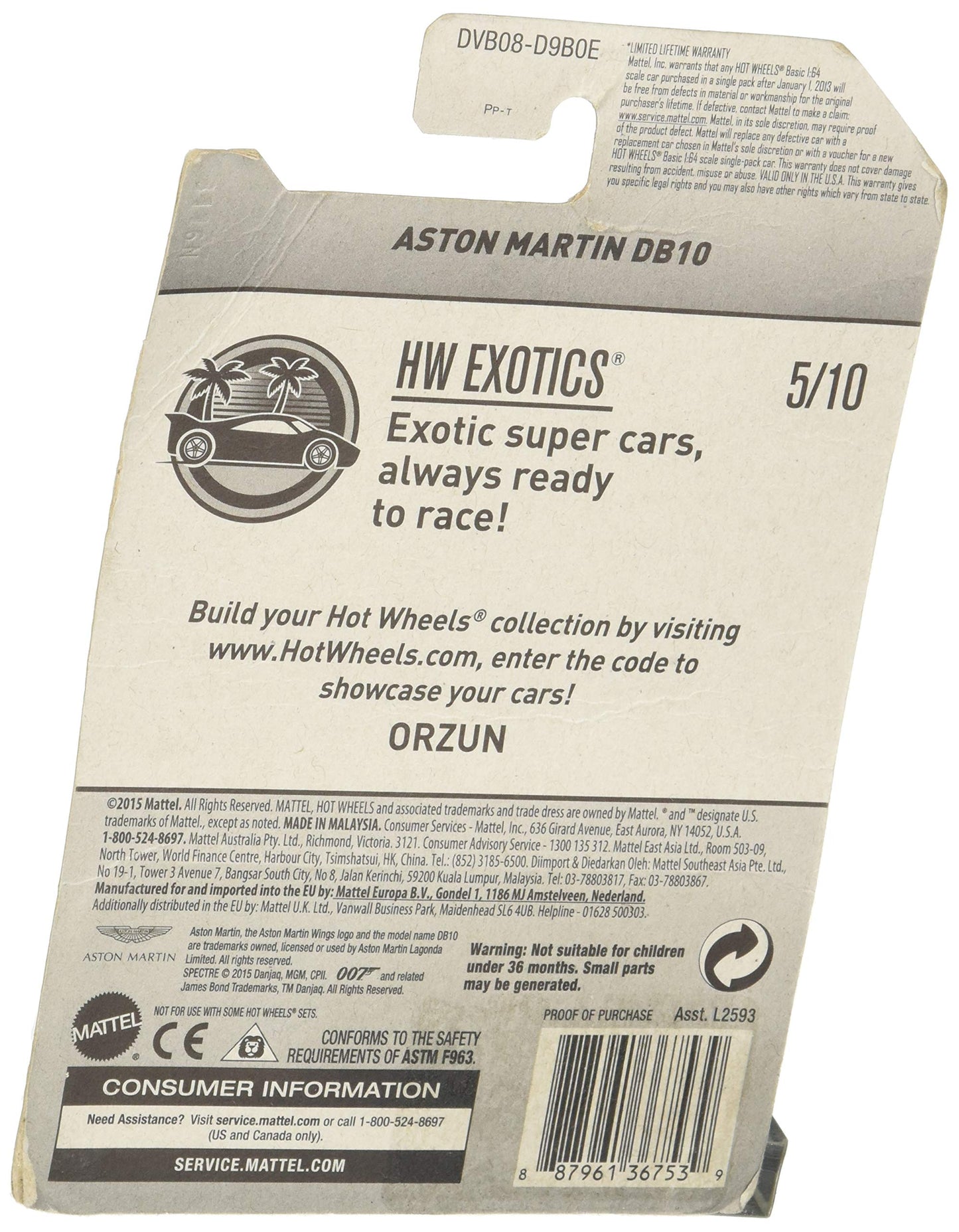 Hot Wheels 2017 HW Exotics James Bond 007 Spectre Aston Martin DB10 96/365, Silver