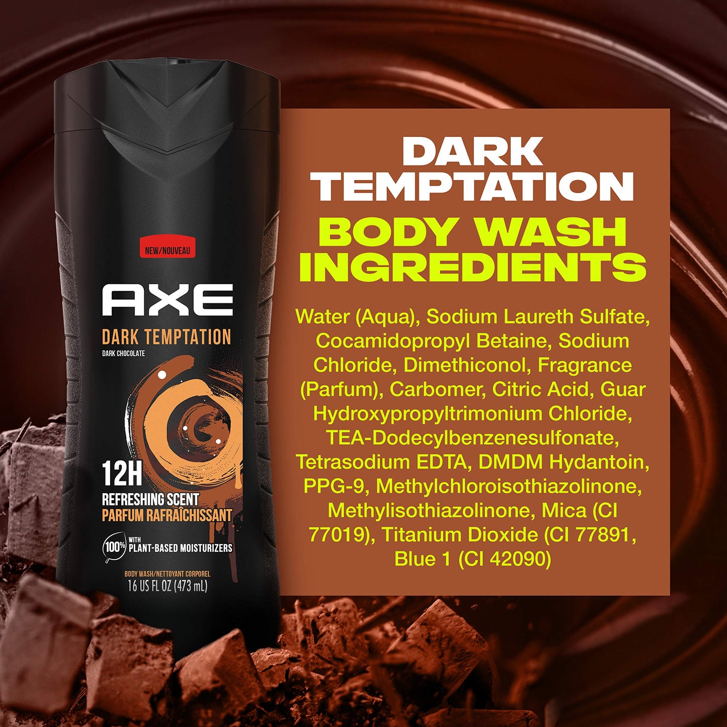 AXE Body Wash 12h Refreshing Scent Dark Temptation Dark Chocolate Men's Body Wash with 100 percent Plant-Based Moisturizers 16 oz
