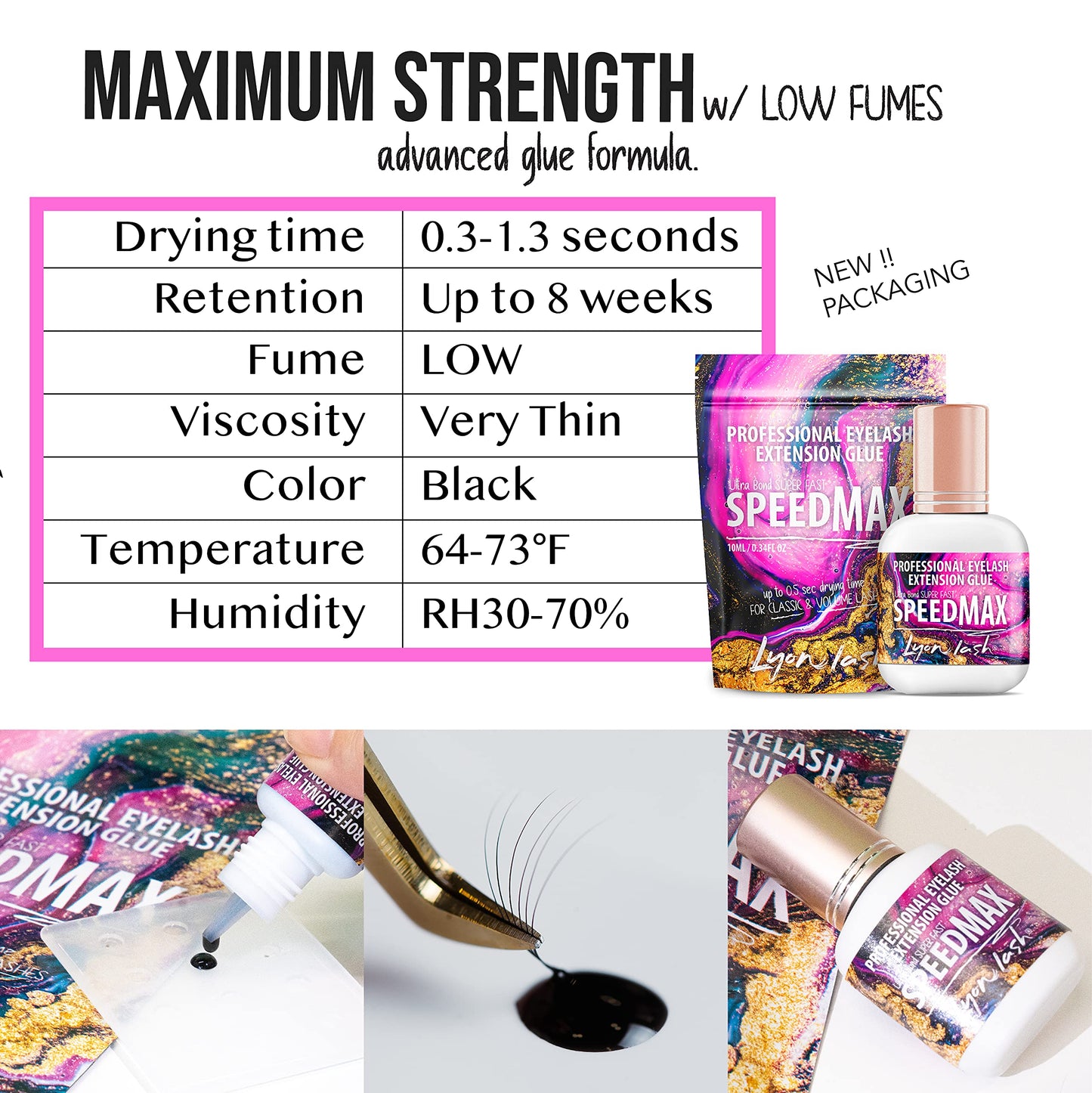 Lyon Lash SPEEDMAX Eyelash Extension Glue, 0.3–1.3s Dry Time, 8 Week Retention, Black Adhesive for Professional Lash Supplies, 10ml/0.34oz