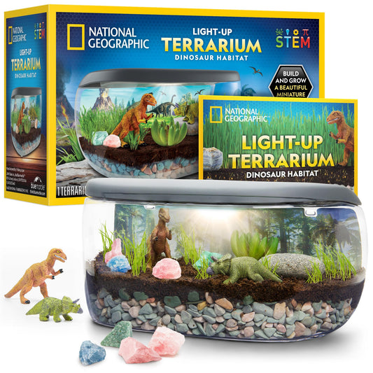 NATIONAL GEOGRAPHIC Light Up Terrarium Kit for Kids – Dinosaur Habitat with Real Plants & Gemstones, Fun Science Gift for Boys & Girls