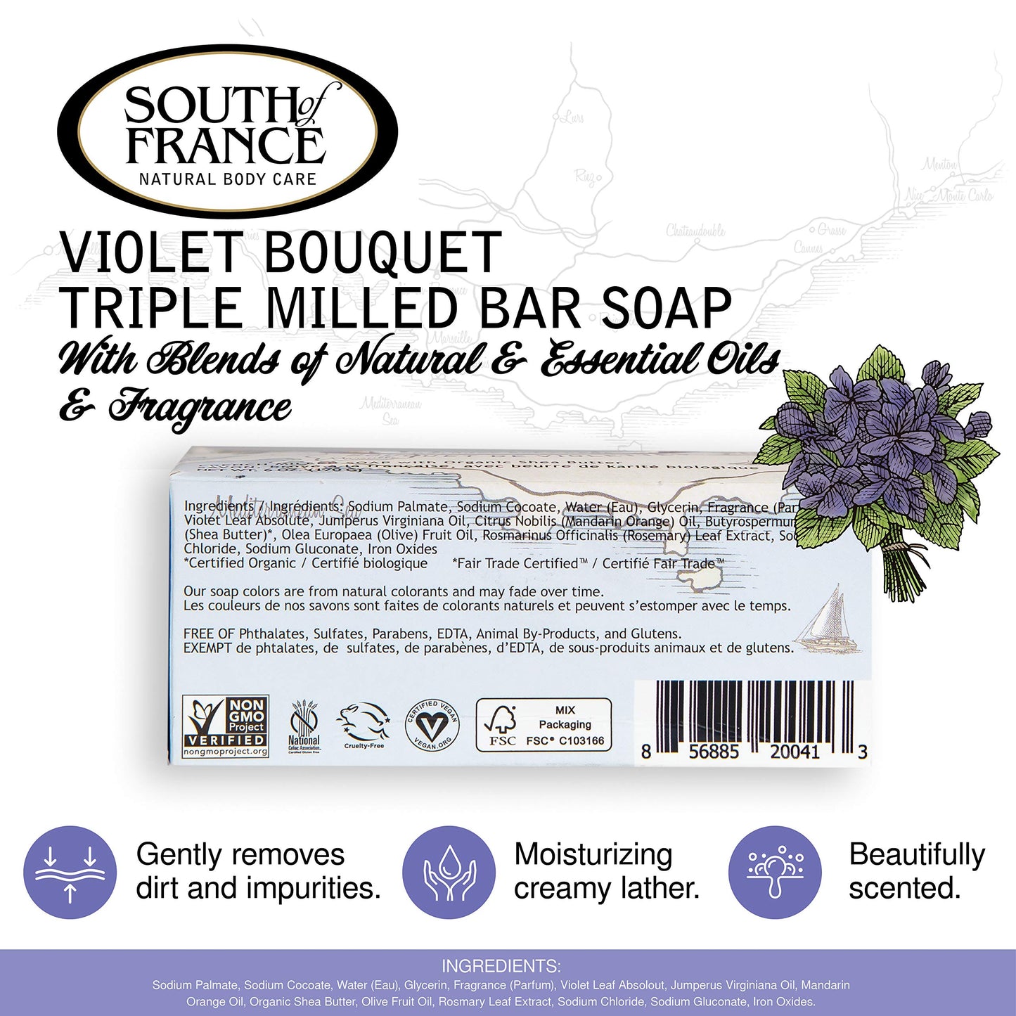 Violet Bouquet Clean Bar Soap by South of France Clean Body Care Triple-Milled French Soap with Organic Shea Butter + Essential Oils Vegan, Non-GMO