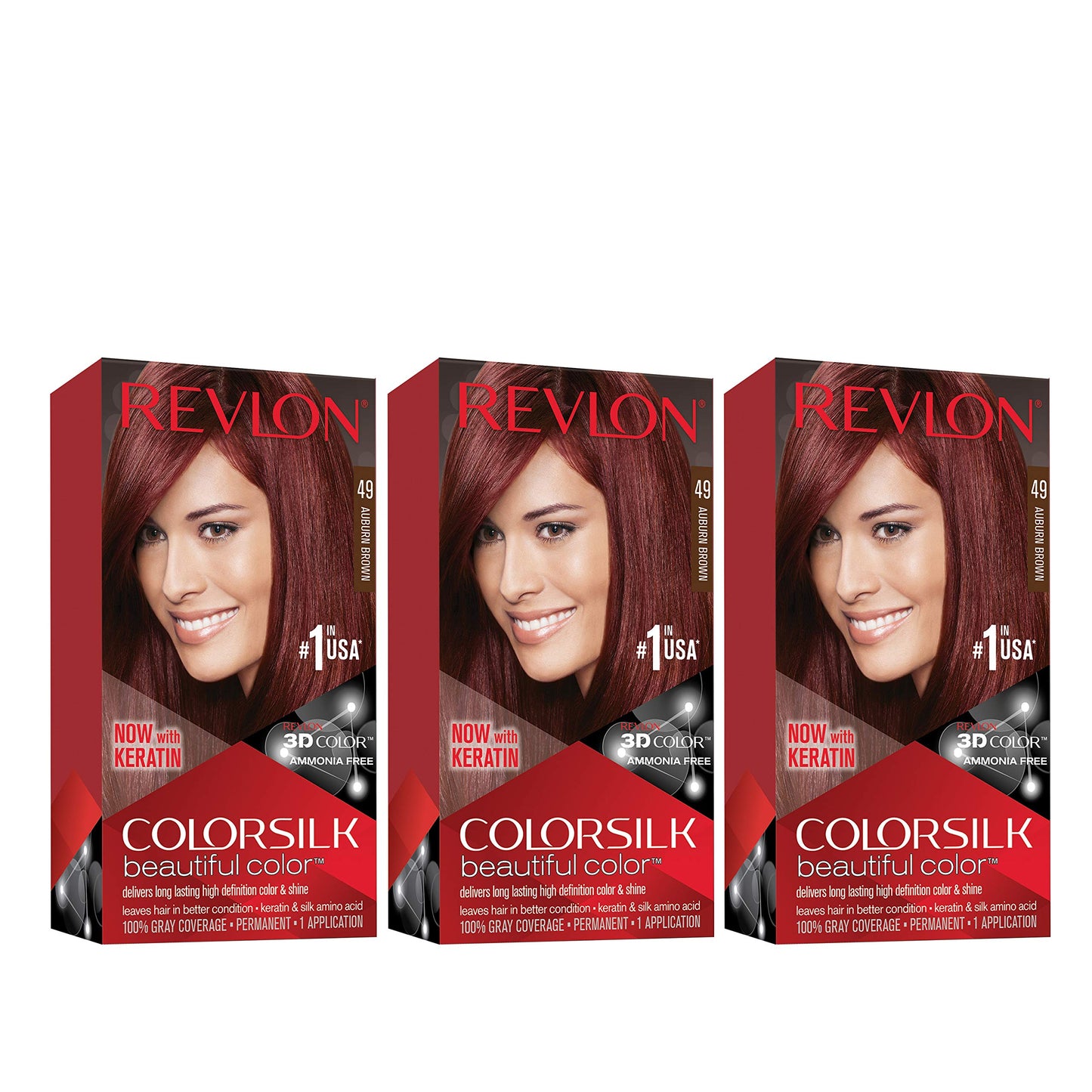 Revlon Permanent Hair Color, Permanent Hair Dye, Colorsilk with 100% Gray Coverage, Ammonia-Free, Keratin and Amino Acids, 49 Auburn Brown, 4.4 Oz