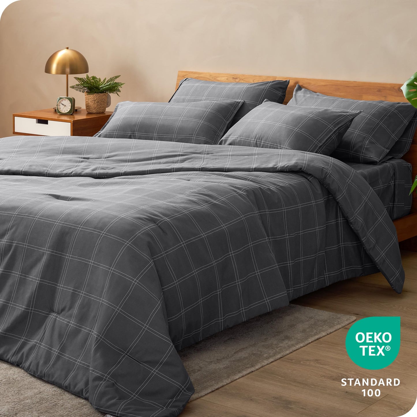 Bare Home Bed-in-A-Bag 7 Piece Comforter & Sheet Set - Queen - Track Stitch - Goose Down Alternative - Ultra-Soft 1800 Premium - Bedding Set (Queen,