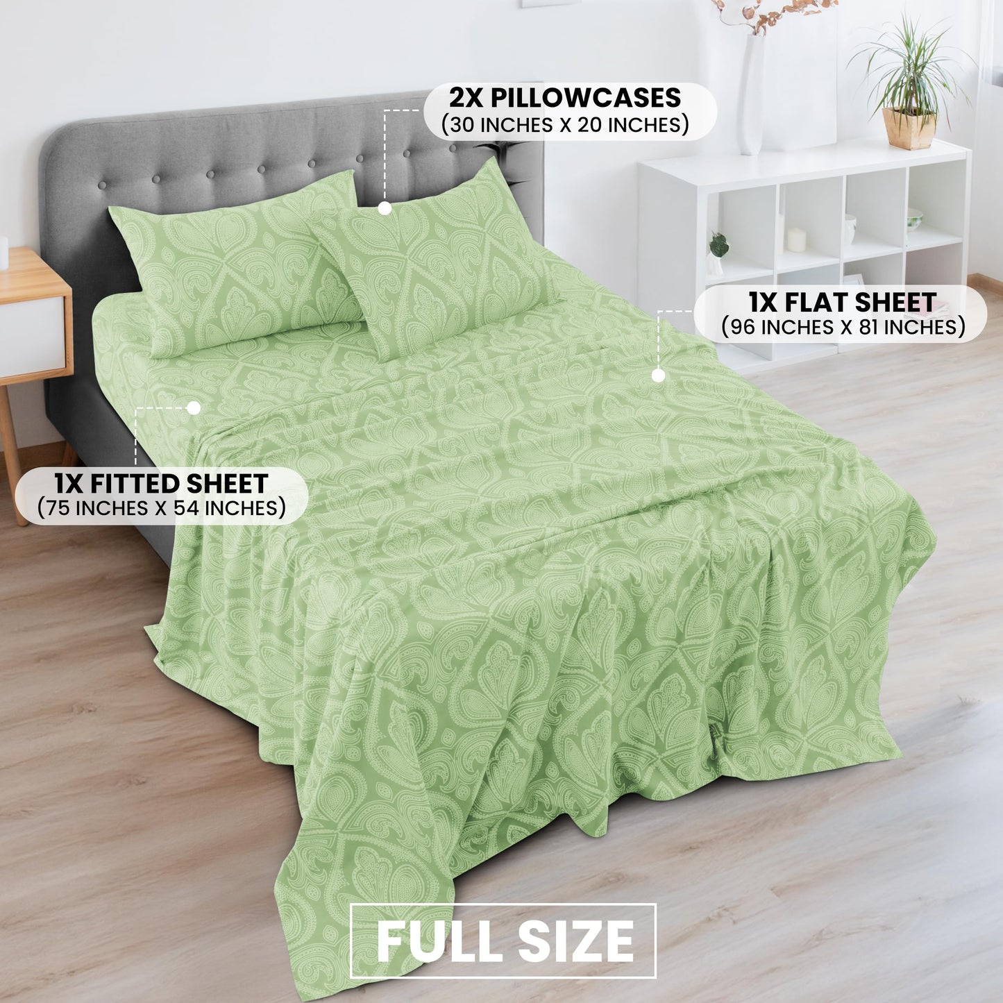 Hannah Linen Paisley Full Sheet Set, 4 PC Soft Microfiber Wrinkle Free Sheets - Luxurious Printed Bed Sheets Includes Flat Sheet, Fitted Sheet with