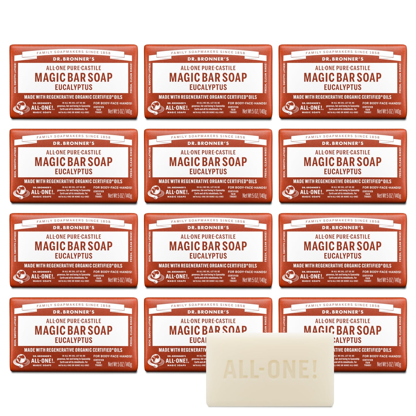 Dr. Bronner's Pure-Castile Magic Bar Soaps (Eucalyptus, 5oz, 12-Pack) - Made with RegeOrganic Oils, Soap Bars for Men & Women, Gentle for Face