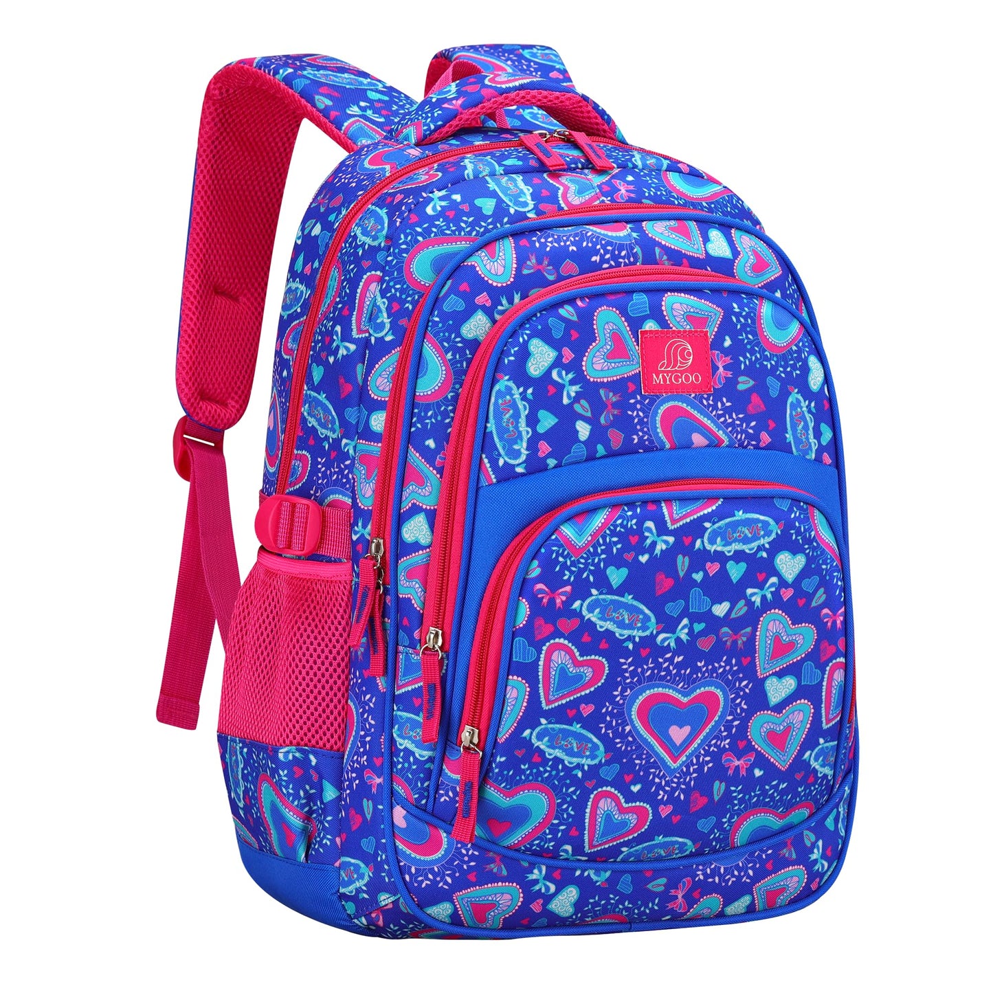 MYGOO Tropical Kids Backpack for Girls | 17" Heart Blue | Grove Collection | Designed for School-Aged Children