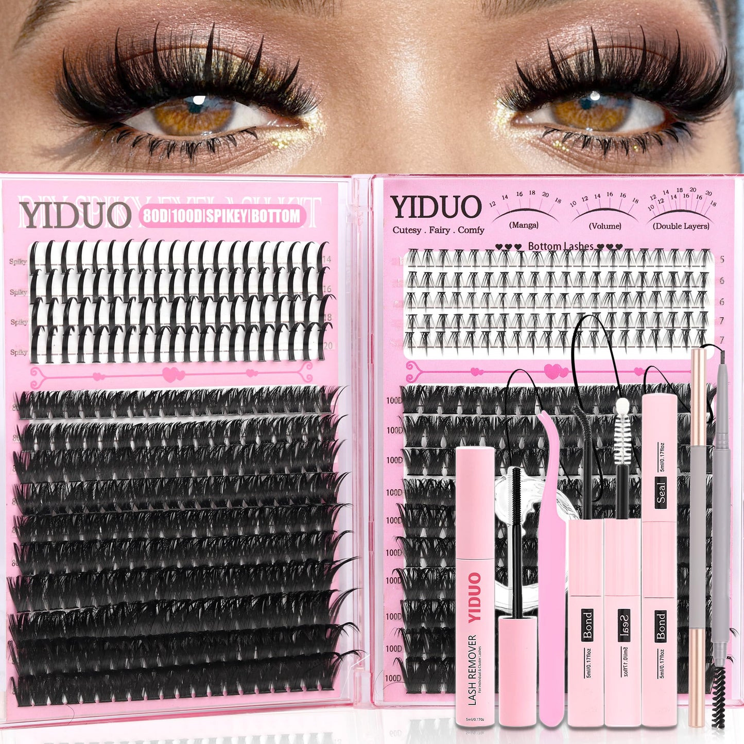 YIDUO 540Pcs Lashes Clusters Kit with Spikes+Bottom Eyelash 80D&100D Volume Clusters Lash Extension 10-18mm Wispy D Curvature Individual False Beauty and Personal Care YIDUO Default Title