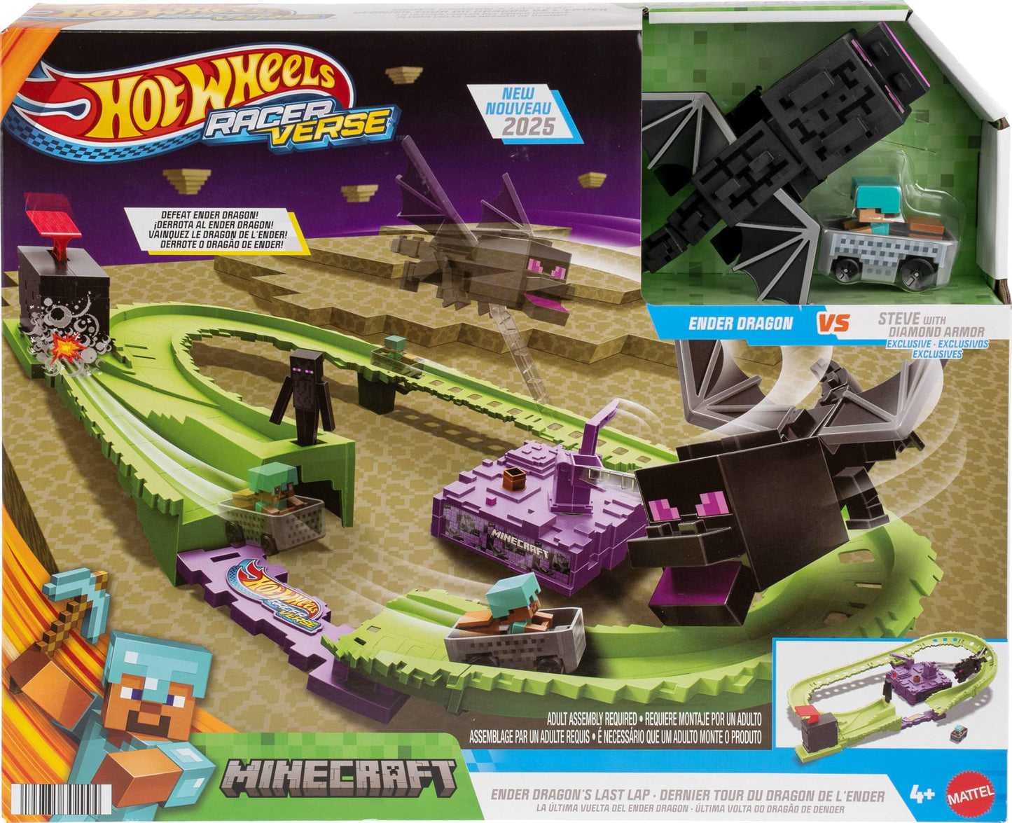 Hot Wheels Toy Car Track Set, RacerVerse Minecraft Playset & Die-Cast Diamond Armor Steve in Minecart Vehicle, Launch & Race to Defeat Ender Dragon