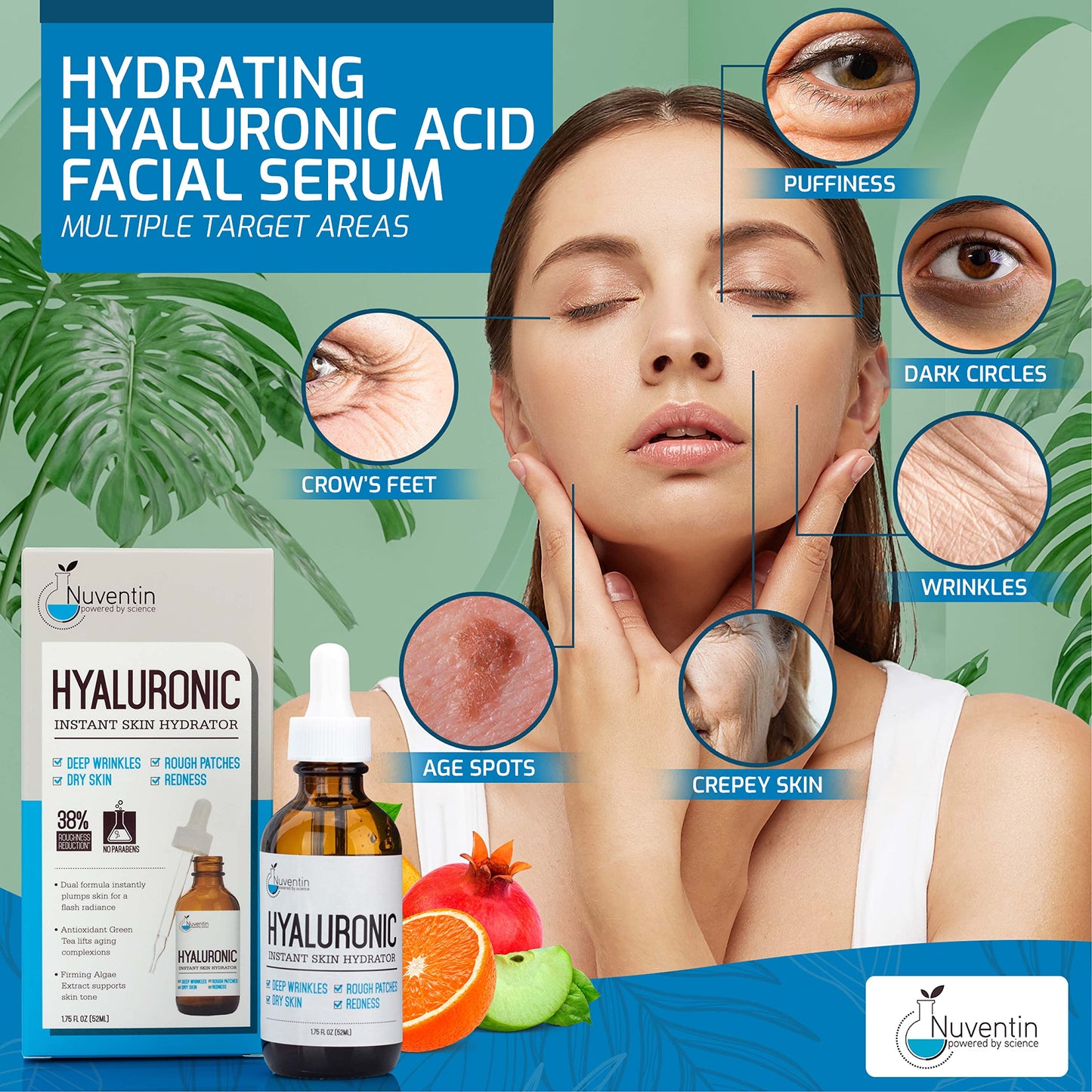 Nuventin Hyaluronic Acid Serum Anti Aging Skin Care Facial Booster For Face - Hydro-Boost Moisturizer Booster W/Vitamin C & Vitamin E For Wrinkles