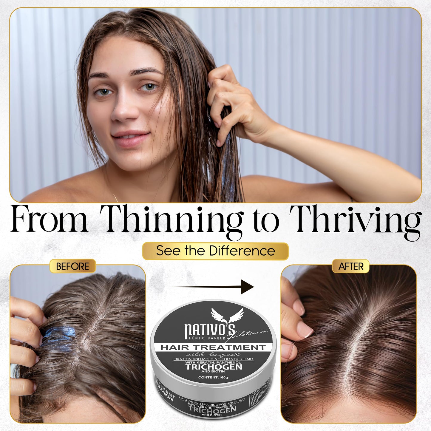 Nativo's Hair Thickening Styling Cream - Volumizing Formula with Keratin, Bee Honey, and Trichogen - Frizz Control and Flexible Hold for Men and Women