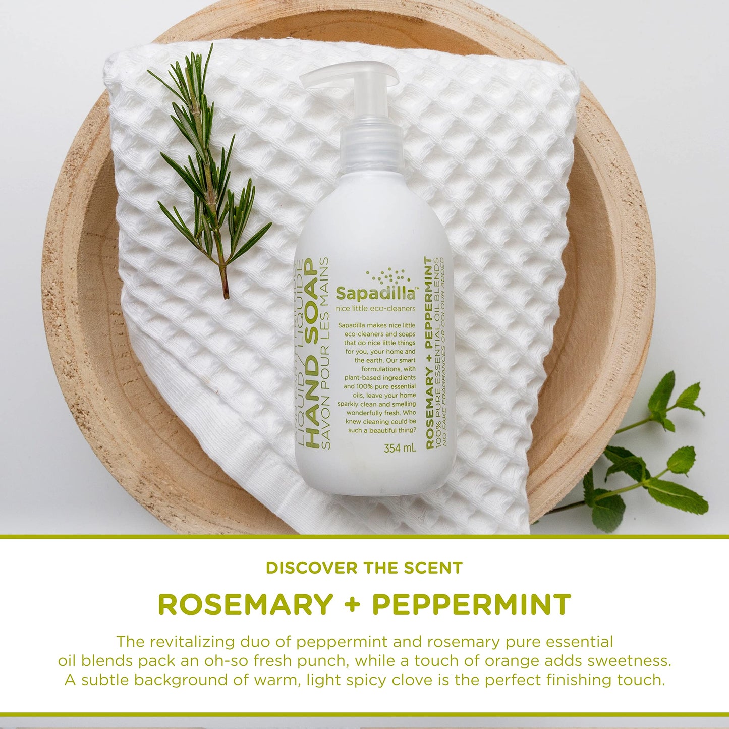 Sapadilla Liquid Hand Soap - Rosemary + Peppermint - Made with 100% Pure Essential Oil Blends, Cleansing & Moisturizing, Aromatic & Fragrant Hand