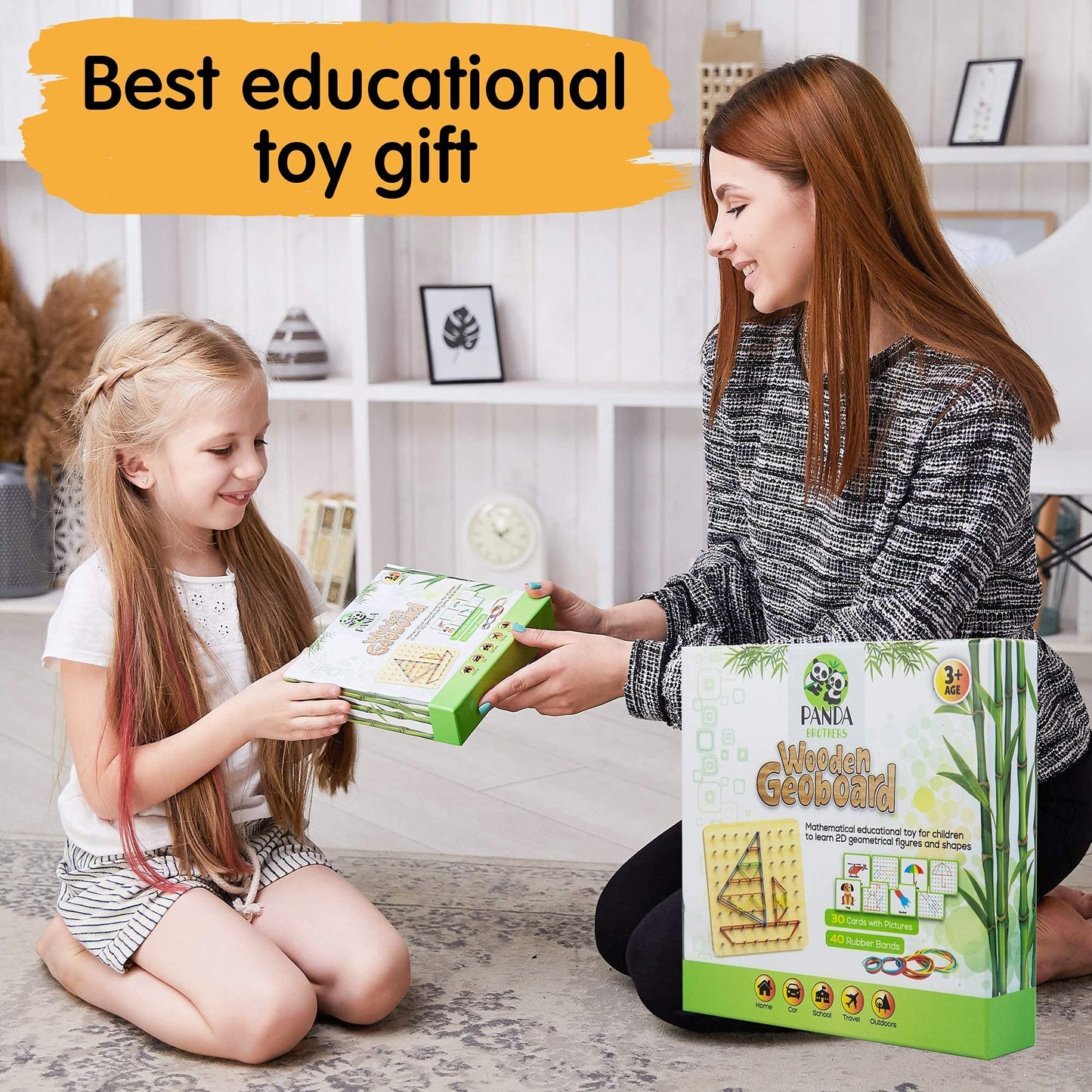 Panda Brothers Wooden Geoboard โ Montessori STEM Toy for Kids Ages 3โ5, Includes 30 Pattern Cards & 40 Rubber Bands, Educational Brain Teaser