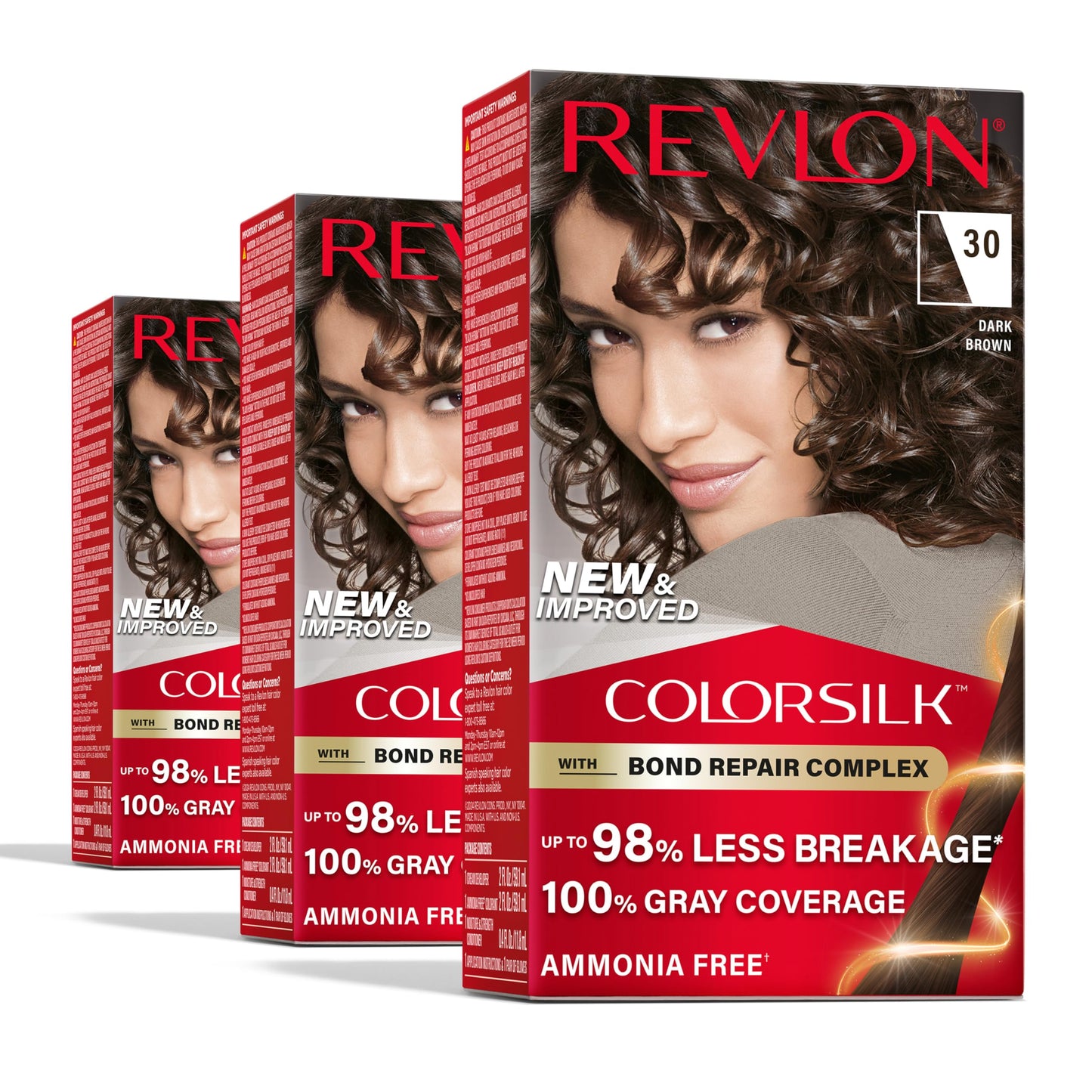 Revlon ColorSilk with Bond Repair Complex, Brown Permanent Hair Color, 100% Gray Coverage, Ammonia Free Hair Dye, Vegan Keratin, 30 Dark Brown (Pack