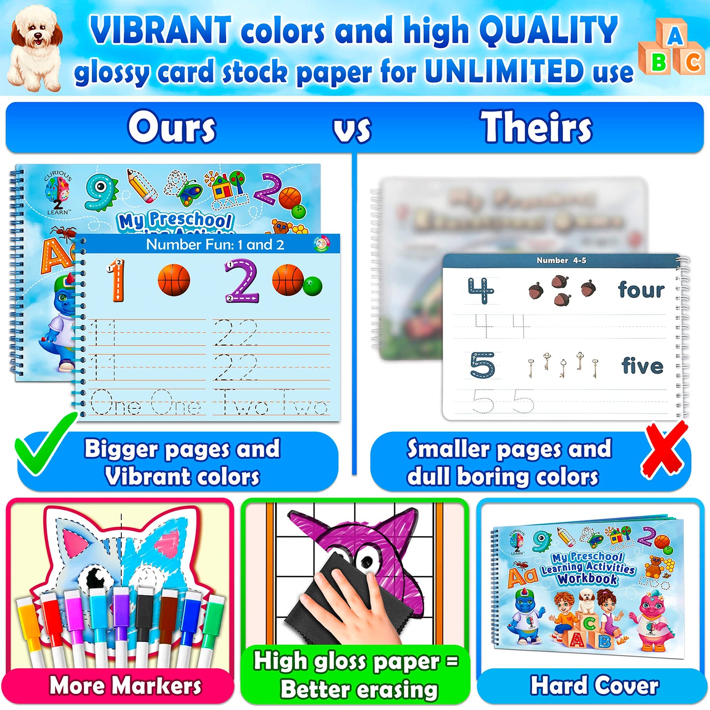 Curious 2 Learn Preschool Learning Workbook – Tracing, Handwriting & Busy Book Activities, Educational Gift for Kids Ages 4+, Blue