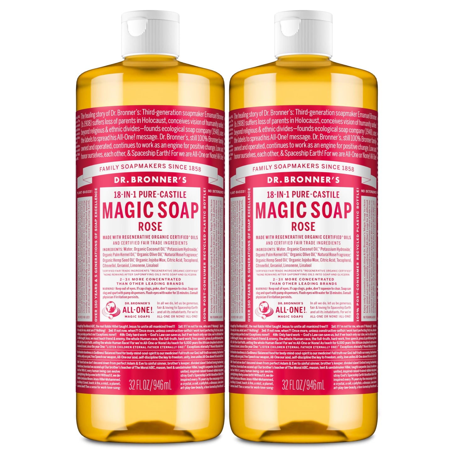 Dr. Bronner's Pure-Castile Magic Liquid Soap (Rose, 32 Ounce, 2-Pack)- Made with Regenerative Organic Certified Oils, 18-in1 Uses: Face, Hair, Hand