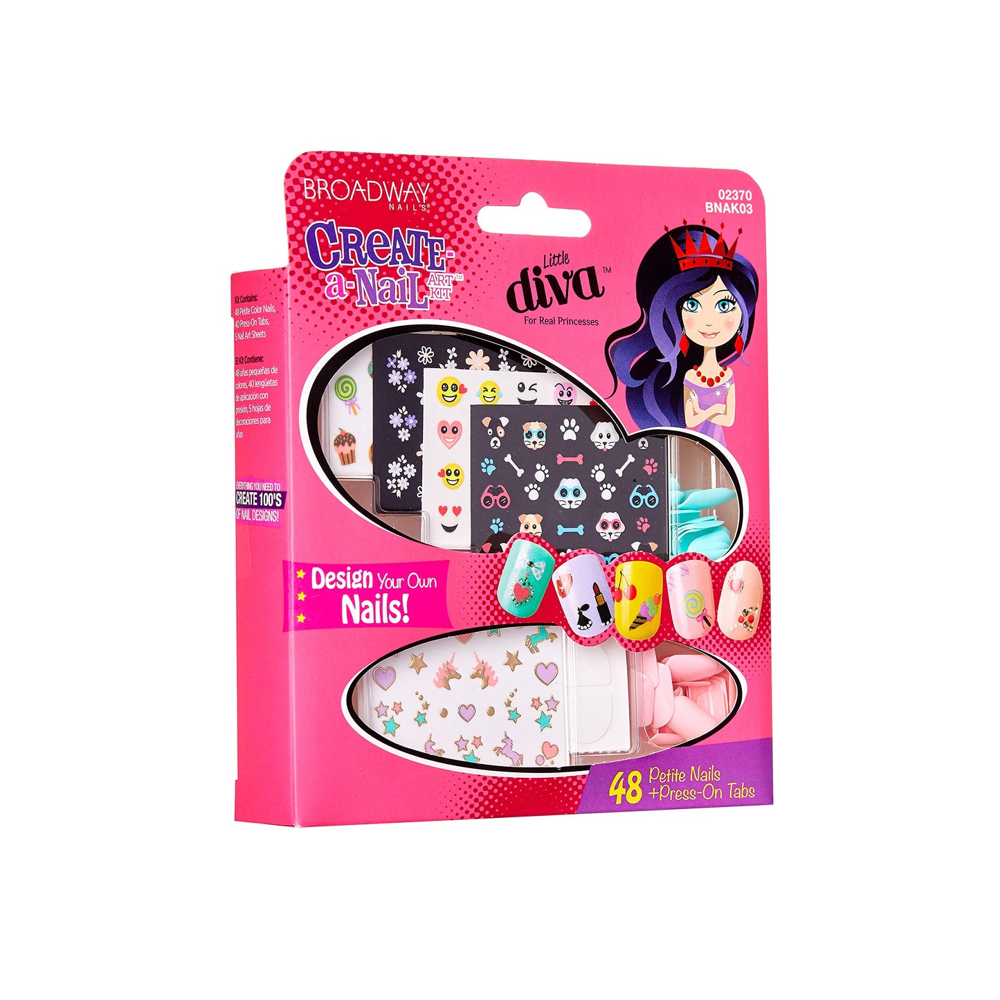 KISS Broadway Little Diva Nail Art Kit, Safe On Natural Nails, Mom Approved, Over 250 Nail Stickers, 48 Ready-To-Wear Petite Fake Nails & 48 Press-On
