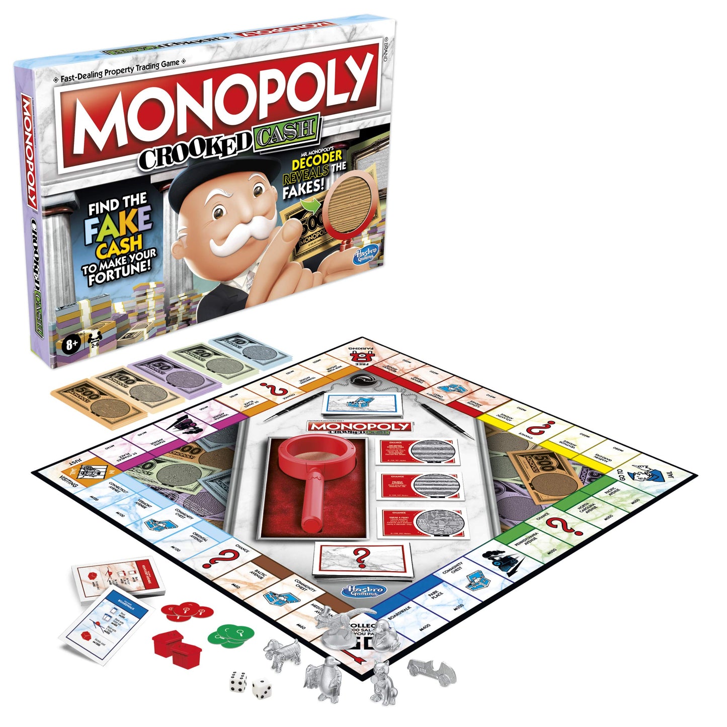 Monopoly Crooked Cash Board Game for Families and Kids Ages 8 and Up, Includes Mr Decoder to Find Fakes, Game for 2-6 Players