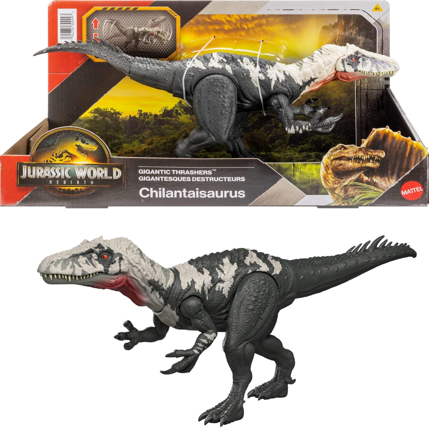 Mattel Jurassic World Rebirth Gigantic Thrashers Dinosaur Figure, Chilantalsaurus Large Species Toy, 2 Rampage Attacks, Digital Play