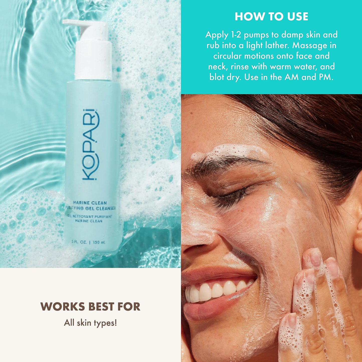 Kopari Marine Clean Purifying Gel Cleanser, Infused with Amino Acids & Vitamin B5, Dual-Action Gel-to-Foam Cleanser, Gentle and Nourishing, 5 oz | New