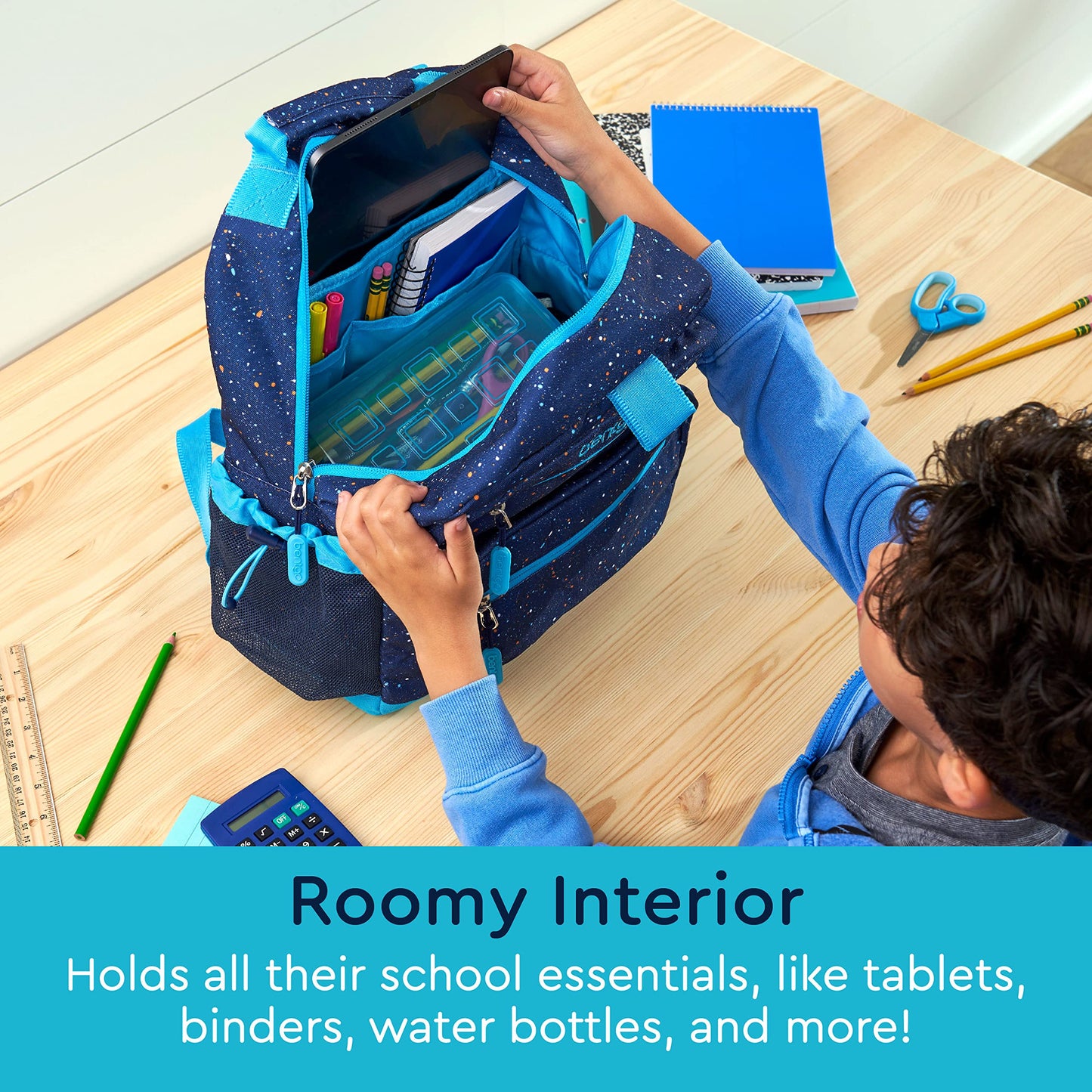 Bentgo Kids Confetti Backpack - Lightweight 14” Backpack for School, Travel & Daycare, Ideal for Ages 4+, Durable & Water-Resistant, Roomy Interior, & Loop for Lunch Bag (Confetti Edition-Abyss Blue)
