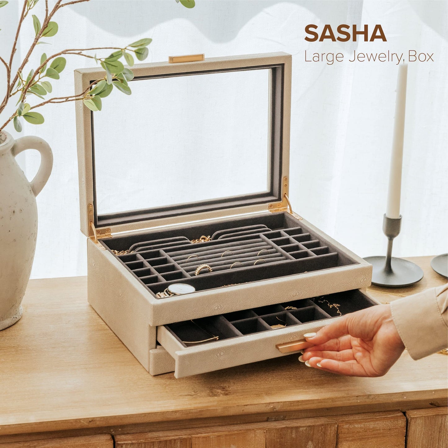 CASE ELEGANCE Large 3 Tier Jewelry Box, Storage Case Organizer for Women Girls Wife, Glass Lid for Earrings Bracelets Rings Necklaces, Shagreen Vegan…