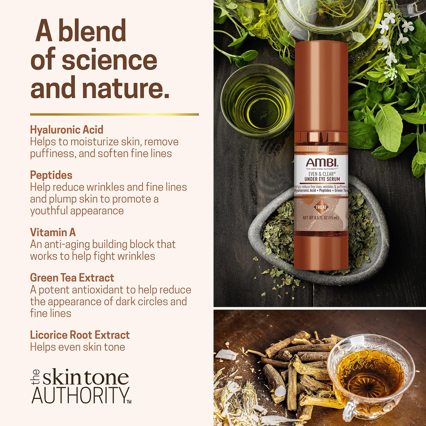 Ambi Even & Clear Under Eye Serum for All Skin Types; Anti Aging Formula features Peptides, Hyaluronic Acid, and Vitamin A to help Reduce Fine Lines