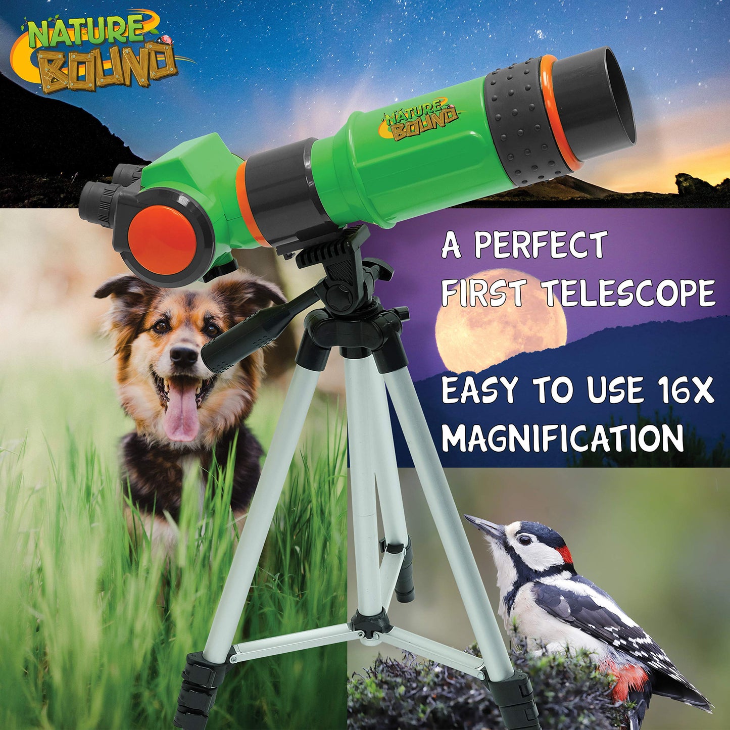 Nature Bound Kids Telescope – 16X Magnification with 15mm Lens, Adjustable Tripod, Indoor & Outdoor Beginner Telescope, Ages 6+, Green (NB538)