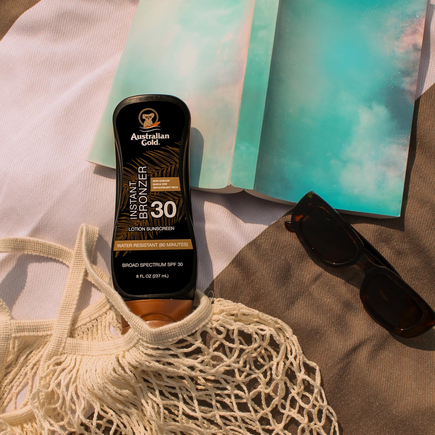 Australian Gold Sunscreen Lotion with Instant Bronzer, Broad Spectrum, Water Resistant, Non-Greasy, Oxybenzone Free, Cruelty Free, SPF 30, Coconut, 8