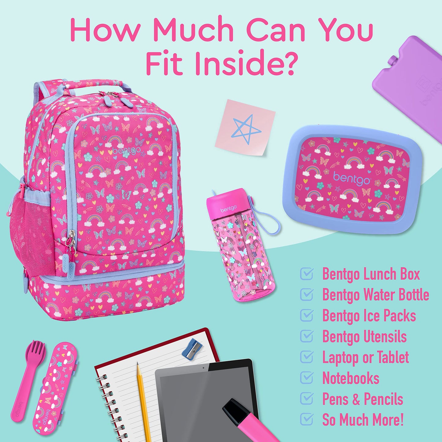 Bentgo Kids 2-in-1 Backpack & Insulated Lunch Bag - Durable 16” Backpack & Lunch Container in Unique Prints for School & Travel - Water Resistant, Padded & Large Compartments (Rainbows & Butterflies)