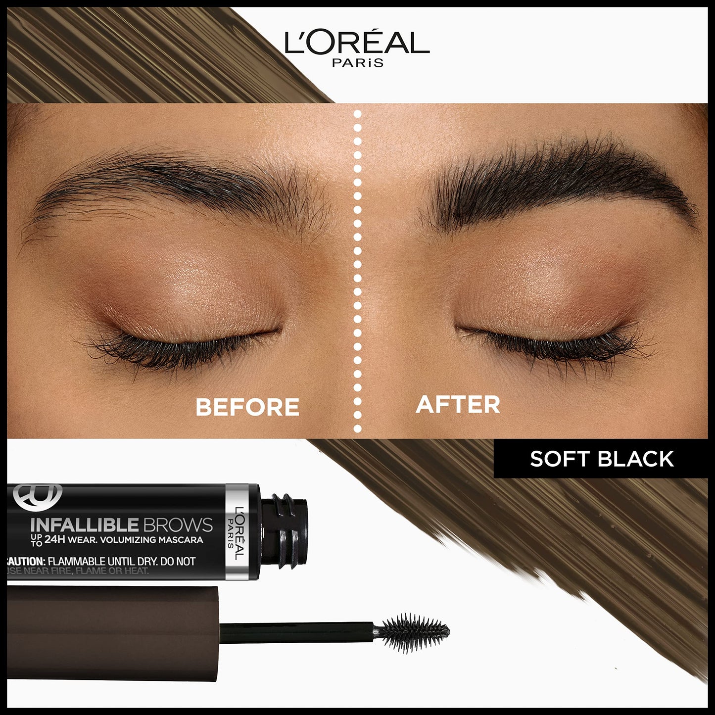 L'Oreal Paris Infallible Volumizing 24H Wear Brow Mascara, Long Lasting Eyebrow Makeup for 2X Fuller Eyebrows, 3.0 Soft Black, 0.13 Fl Oz