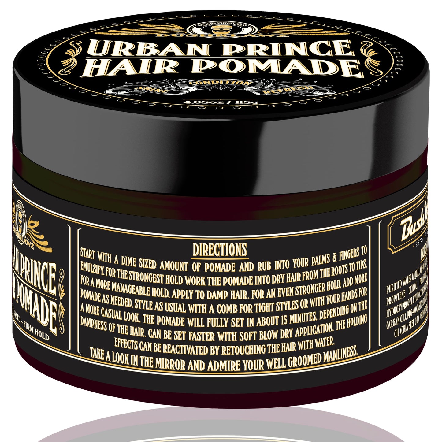BushKlawz Urban Prince Hair Pomade Water Based Firm Strong Hold Easy to Wash Out Gel Type for Tight Styles Men's Styling Product Barber Approved 115g