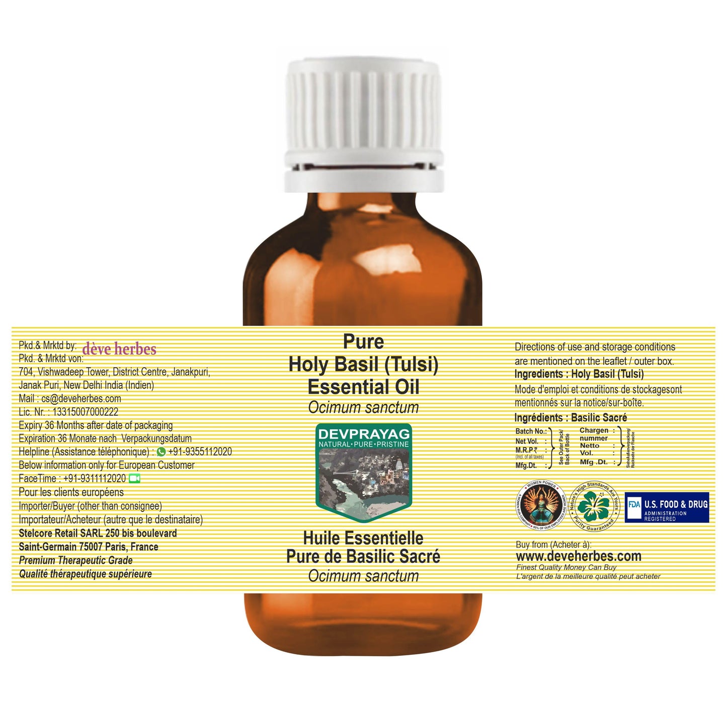 Devprayag Holy Essential Oil (Ocimum Sanctum) Pure - Non-Sticky - Non-Greasy - Lightweight - Men & Women - All Skin Types - Steam Distilled 15ml (0.5 Beauty and Personal Care DEVPRAYAG