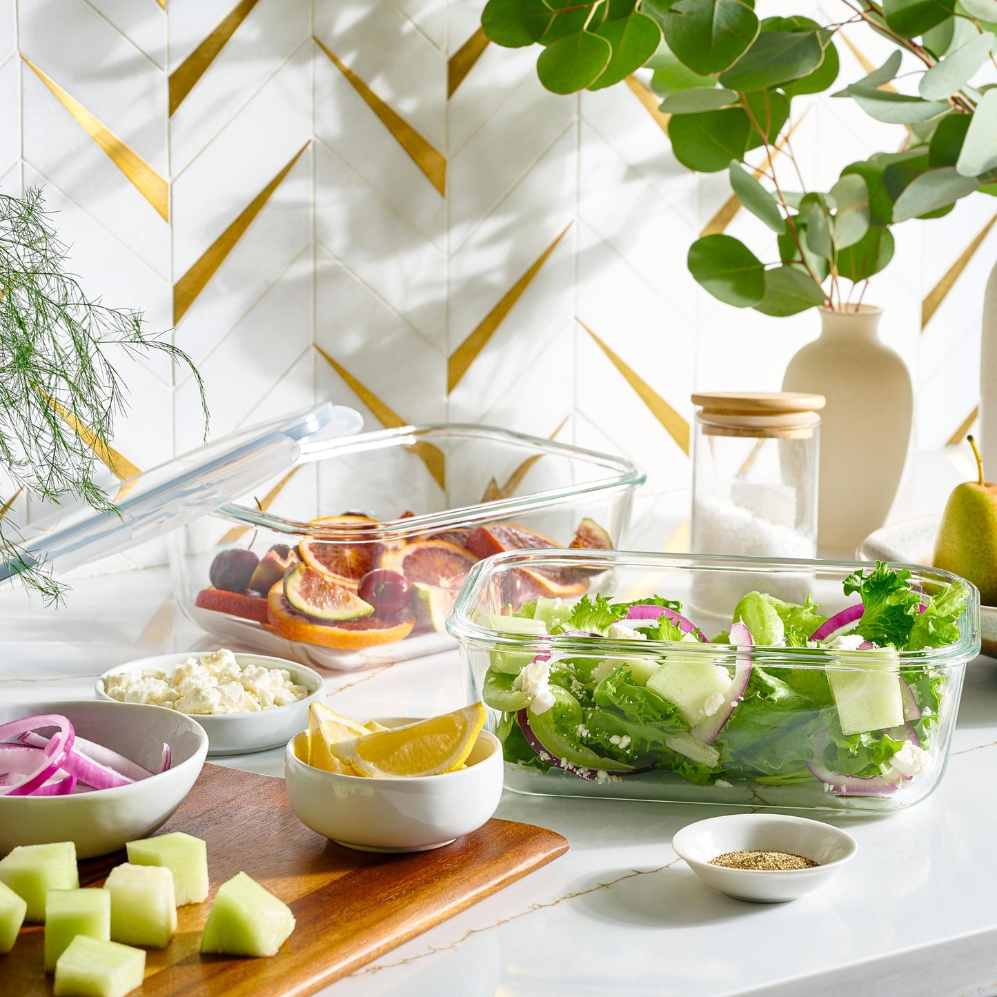 4pc Set - 8 Cup / 64oz Large Glass Food Storage Containers with Lids Airtight Meal Prep Container with Lid Lock - Freezer Microwave & Oven Safe Clear…