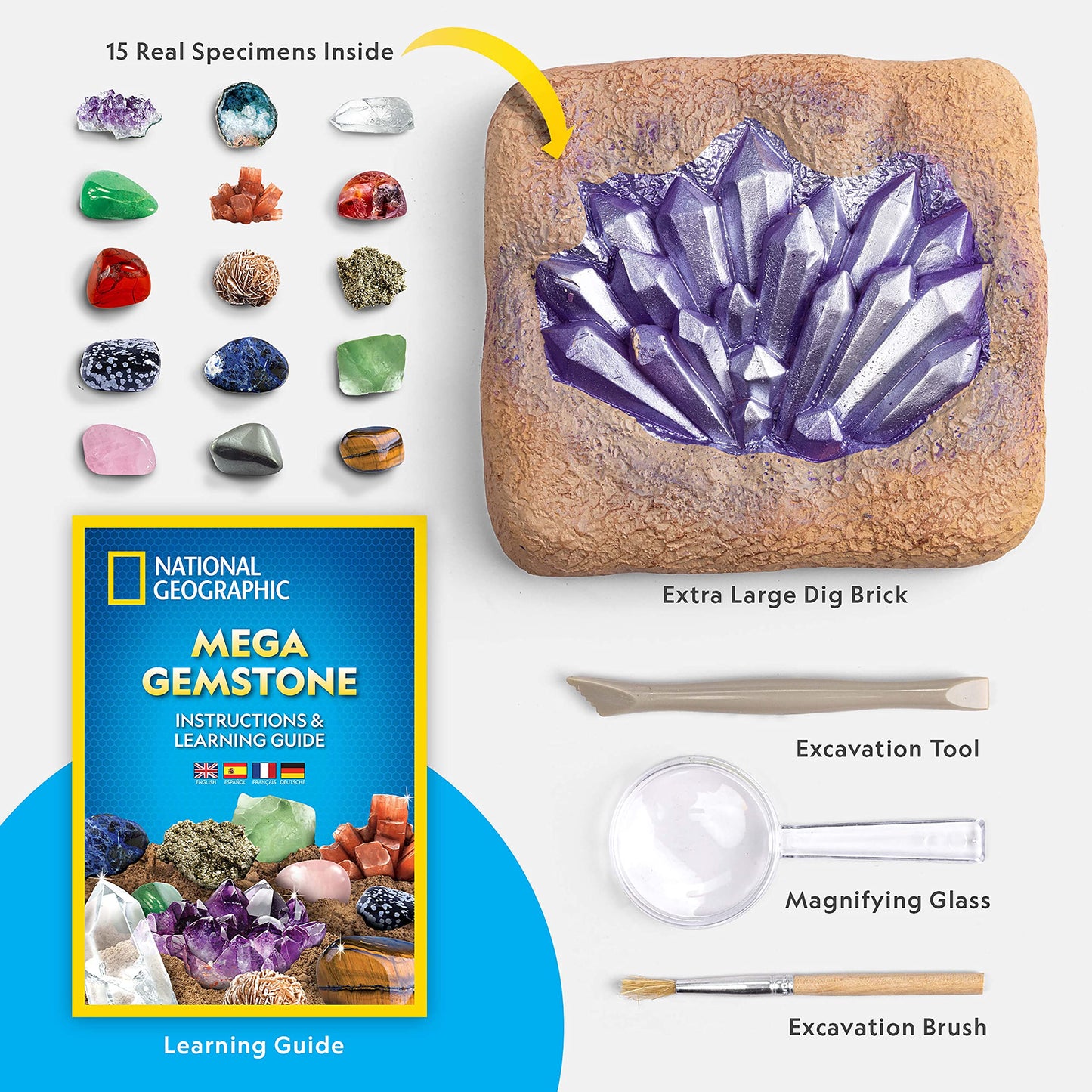 NATIONAL GEOGRAPHIC Mega Gemstone Dig Kit – Excavate 15 Real Gems & Crystals, Fun Science Kit & Rock Mining Gift for Kids, Boys & Girls